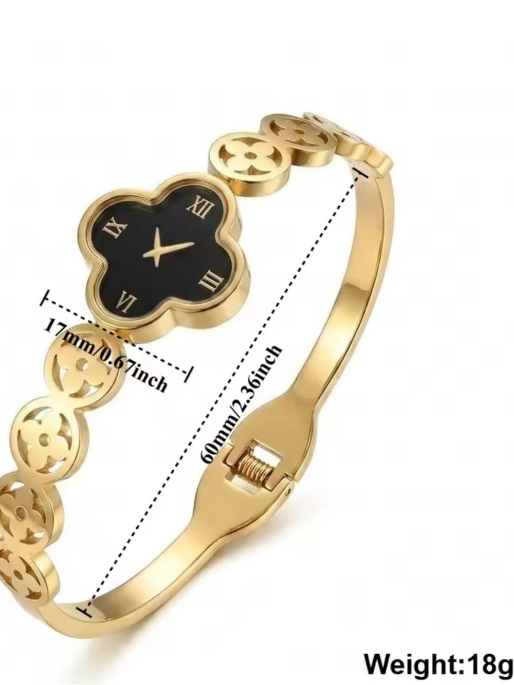 Anthropologie Gold Tone and Black Clover-Shape Bangle Watch Bracelet